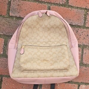 Coach Beige Signature Canvas Backpack with Pink Leather Trim